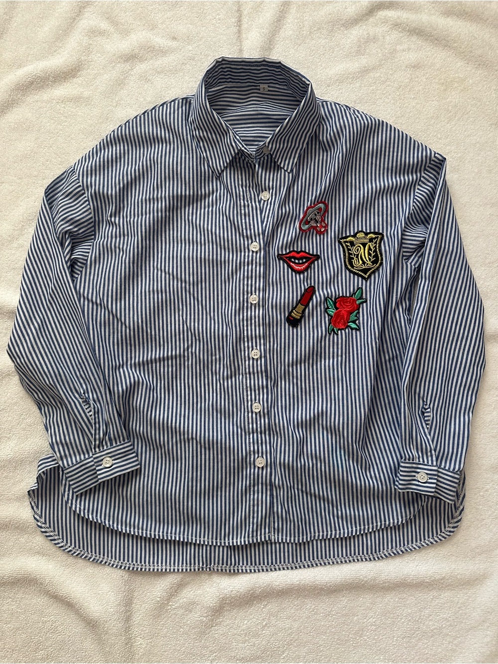 Striped Blue & White Button-Down Shirt with Embroidered Patches